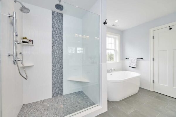 Walls- Linea Amplitude Shower Floor and Accent- Crystal Matte Dark Grey Hex Floors- Aspen Rock Grey