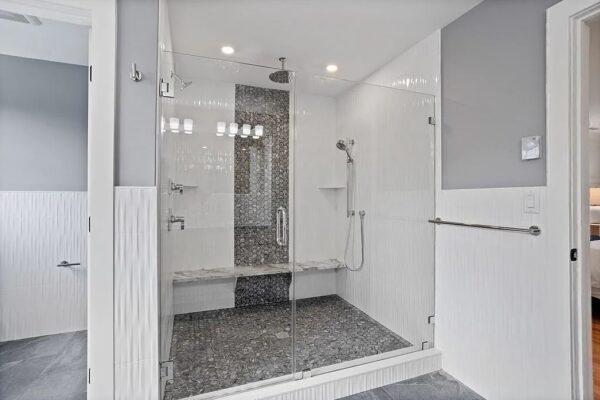 Walls- Linea Amplitude Shower Floor and Accent- Crystal Matte Dark Grey Hex Floors- Aspen Rock Grey