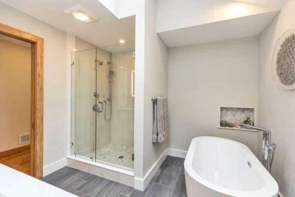 Walls- Mayfair Suave Bianco Shower Floor- La Marca Onyx Hexagon Floors- Preston Pizarra